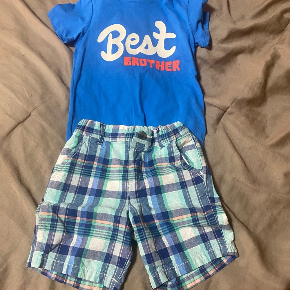 Kids Blue 'Best Brother' Tee and Plaid Shorts Set